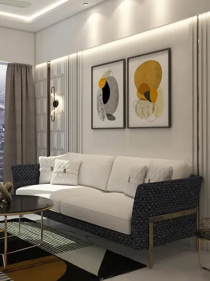 This living room concept uses a neutral color scheme with patterned accents on the sofa and partition. The design incorporates modern wall sconces and abstract art to create a stylish and contemporary feel.
