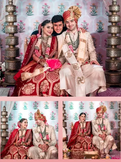 A collage from a grand wedding ceremony, showing the couple with family and friends on the mandap.