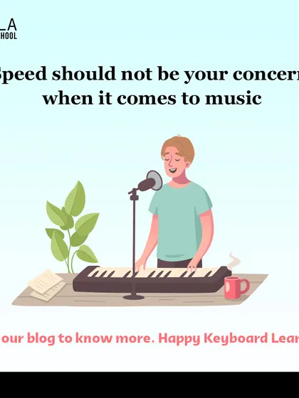 An illustration of a boy at a keyboard. When it comes to music, speed is not the concern; I focus on building a strong and steady foundation.