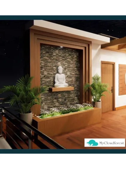 Even a small indoor or balcony space can become a Zen retreat. I designed this corner with a stone-textured wall, a white Buddha statue, and low-maintenance plants to bring a sense of calm and harmony indoors.