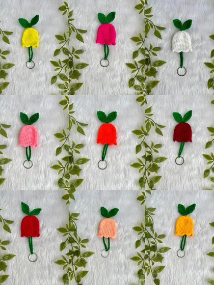 A grid showing the variety of colors available for my tulip keychains. Each one is handmade with care.