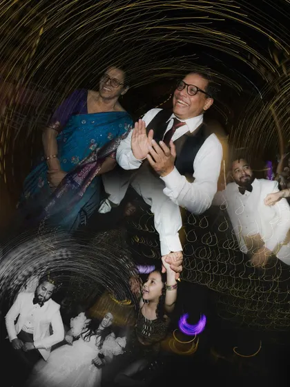 Another dynamic collage from the dance floor, capturing the happy faces of guests and the couple enjoying their reception party.