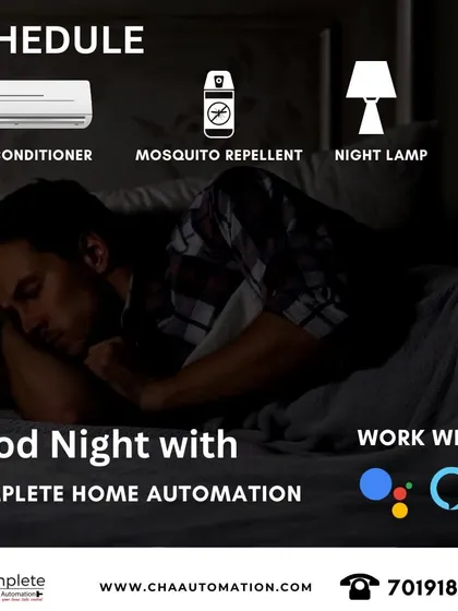 A 'Good Night' scene ensures a perfect end to your day. You can schedule your air conditioner, mosquito repellent, and night lamp to activate automatically, all working with Google and Alexa voice commands.