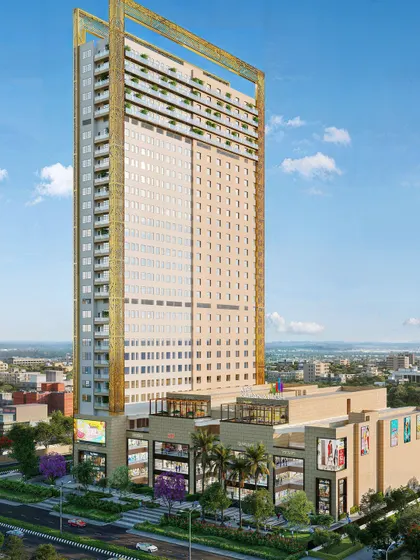 A rendering for the ATS Kabana high-rise project. This image shows the mixed-use building, with its commercial base and residential tower, situated within a bustling city environment to provide context.