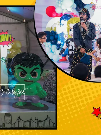 A collage showing a magician interacting with the children at a superhero-themed party, with a chibi Hulk prop in the background.