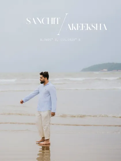 A solo shot of the groom on the beach in Goa, looking out at the waves. The mood is calm and contemplative.