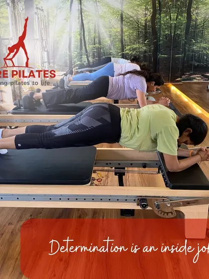 Determination is an inside job, but a supportive group makes it easier. Our clients hold a strong forearm plank on the reformer, building endurance and total-body strength together.