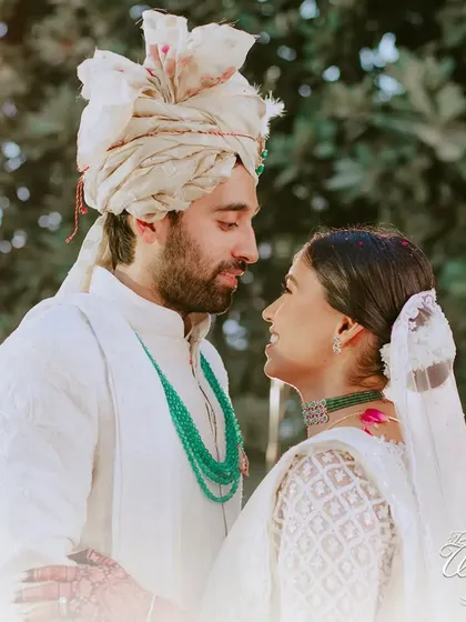 The couple sharing a loving gaze, their connection evident and beautiful.