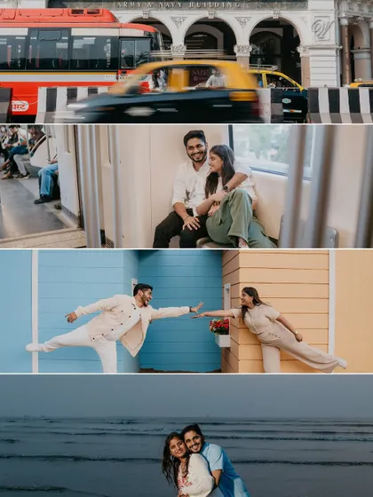 A cinematic story-strip of a Mumbai pre-wedding adventure. It includes motion blur shots of city traffic, candid moments on the metro, playful poses against colorful walls, and a romantic beach scene.
