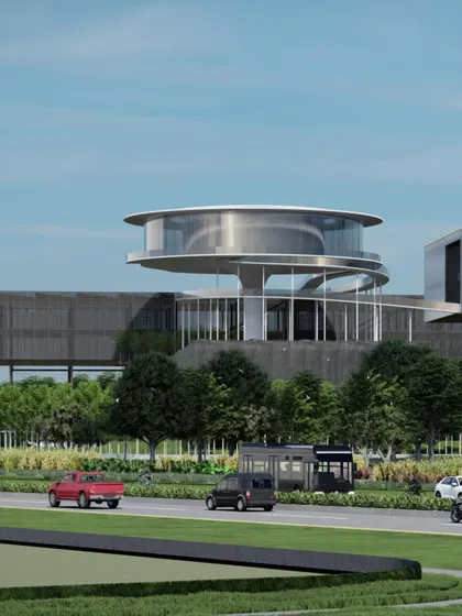 This is the "Beacon," a striking architectural centerpiece for the ePositive net positive energy research campus near Hyderabad. Elevated 40 meters in the sky, this 30 meter diameter structure is a bold expression of innovation in energy storage and sustainability.