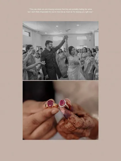 A collage telling the story of an engagement. The joy of dancing with family is paired with a close-up of the matching ruby rings, symbolizing their union.