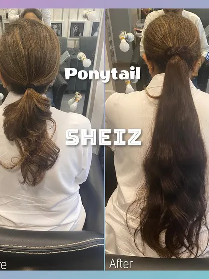 Another example of our ponytail extension, showing the before and after effect. It's a simple way to achieve a long, full ponytail.