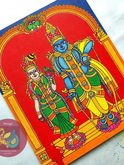The completed Aandal Rangamannar painting, a 12x14 inch piece commissioned for a 25th wedding anniversary. The vibrant colors and details are all finished, ready for framing.