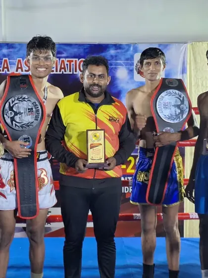Our team celebrating two title belts at the K1 Kerala State Kickboxing Championship. We are proud to bring these championships back to Karnataka.