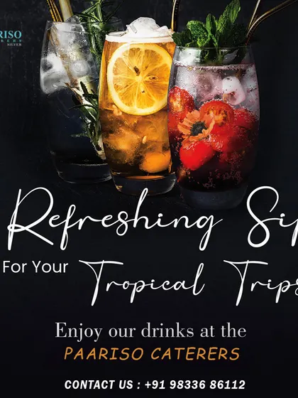 We offer a range of refreshing mocktails and drinks to complement your food menu. This image displays some of our colorful and flavorful creations, perfect for any tropical-themed or summer event.