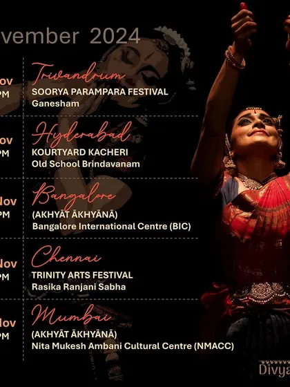 My November tour schedule, covering five capital cities in South India. I'm so excited to share my work with audiences in Trivandrum, Hyderabad, Bangalore, Chennai, and Mumbai.