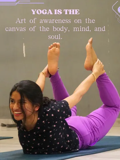 "Yoga is the art of awareness on the canvas of the body, mind, and soul." A member joyfully holds the bow pose, perfectly illustrating the strength, flexibility, and happiness found in practice.