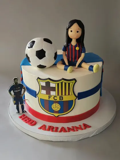A cake for an FC Barcelona fan. This butterscotch cake for Arianna's birthday features the FCB logo and a figurine of her in the team jersey.