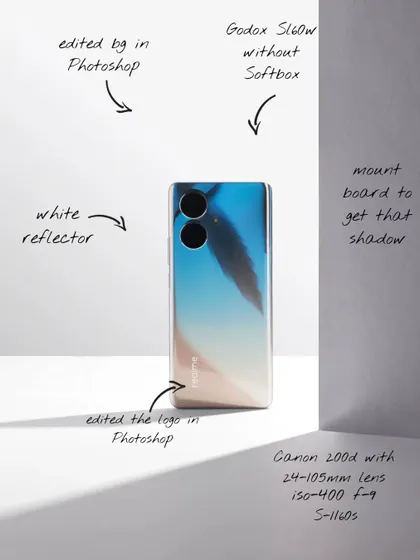 An annotated image explaining the lighting setup for a realme product shot, showing how I used a single light and reflectors to create dramatic shadows.