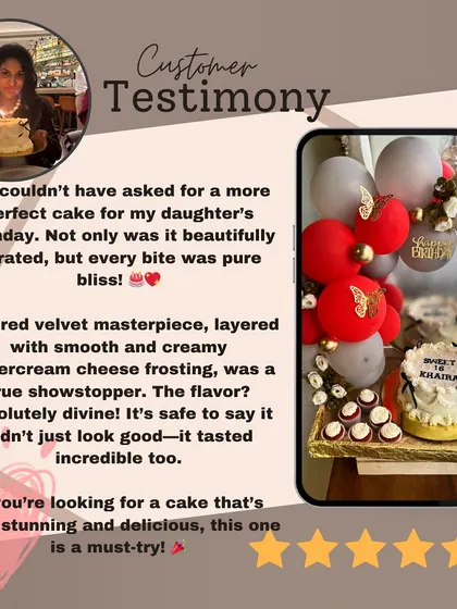A client's written birthday-cake review appears beside the red-and-white design, sharing their appreciation of its look and taste.