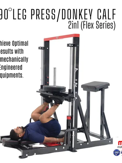 A user performs a 90-degree leg press on our 2-in-1 Flex Series machine, which also functions as a donkey calf raise station.