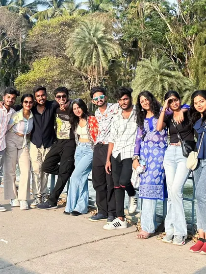 The group lined up on a bridge at Brindavan Gardens. It's a beautiful spot for a walk and some photos.