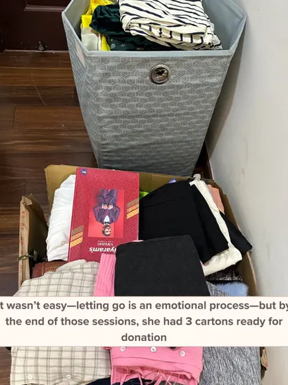 This image shows cartons ready for donation after a decluttering session. Letting go is an emotional process, but it's the first step toward creating a space that feels lighter.