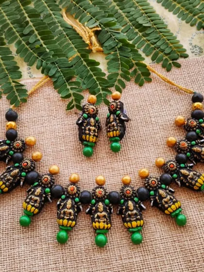 My traditional temple jewelry collection, featuring motifs like Mahalakshmi, is always in demand for festive seasons and cultural events. These sets are popular for bulk gifting during weddings and pujas.