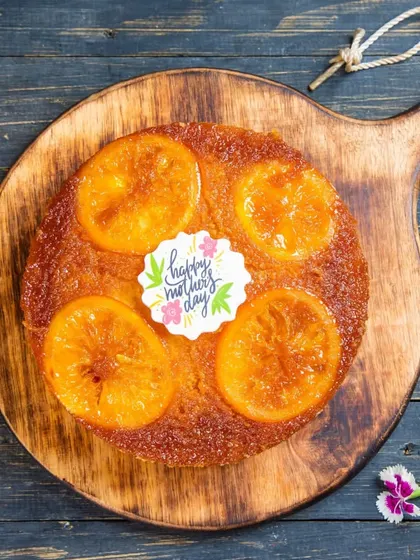 A refreshing Orange Upside Down Cake from our Mother's Day menu. The bright, zesty flavour of caramelized oranges makes this a delightful treat.