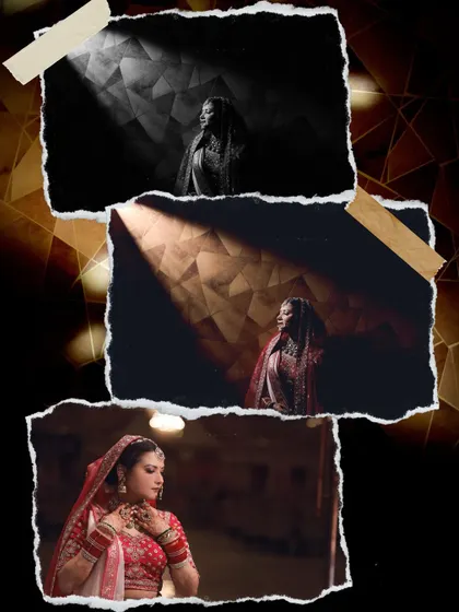 A dramatic collage of the bride's portraits, using torn paper effects and creative lighting.