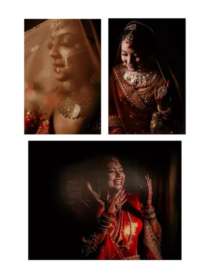 A collage of dramatic, low-light bridal portraits. The play of shadow and light creates a moody, intense, and beautiful series of images that feel both intimate and powerful.