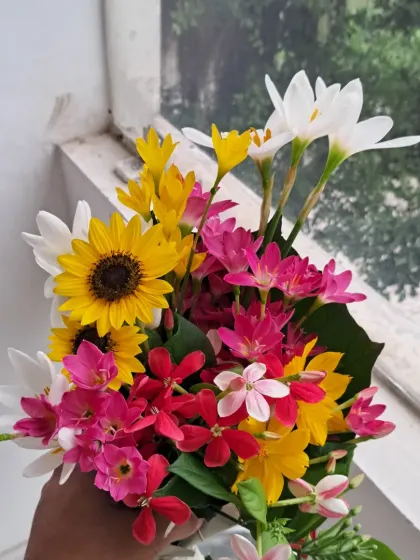 Holding the bouquet by a window. The colors are so vibrant and fresh.