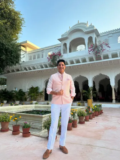 Enjoying the morning sun at a heritage property in Jaipur. The pastel colors of my outfit complement the classic architecture of the Pink City, getting in the right headspace before a gig.