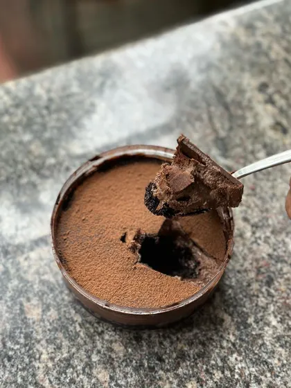 That first spoonful of the Dream Cake, breaking through the cocoa powder to reveal the rich mousse and cake layers below.