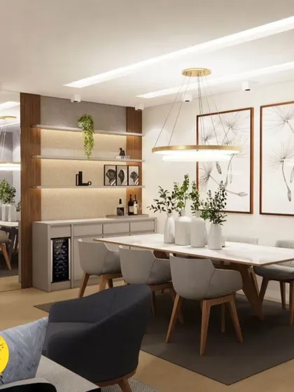 A modern dining area featuring a custom bar and storage unit with open, backlit shelves and a built-in wine cooler.