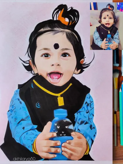 The joyful, open-mouthed smile of this baby is the highlight of this A4 colored pencil portrait. It's a piece of art that is guaranteed to make you smile back.