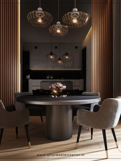 We created a moody and sophisticated dining experience with dark wood paneling, velvet chairs, and dramatic cage pendant lights that cast a warm, intimate glow.