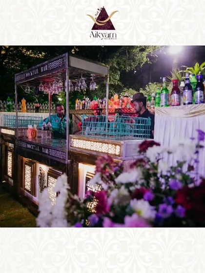 A detailed view of a beautifully decorated outdoor bar, ensuring that every corner of the event space is visually appealing and contributes to the overall ambiance.