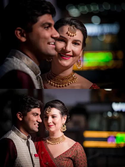 A collage of a cross-cultural couple's portraits, showing their happy and loving interactions against a nighttime city backdrop.