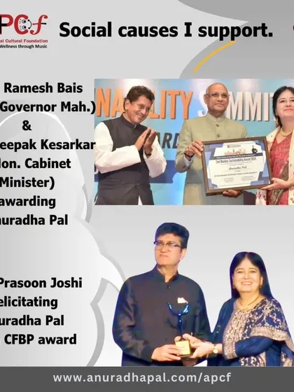 I was humbled to receive awards for APCF's work in sustainability and women empowerment from the Honourable Governor of Maharashtra and Shri Prasoon Joshi. These awards recognize our efforts to use music for social transformation.