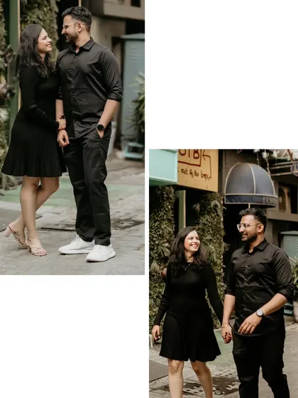 A two-panel collage showing a couple in a modern urban setting. It displays both a full-length shot and a more candid walking photo, offering a variety of perspectives from the same location.