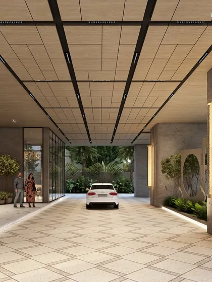 The sheltered drop-off for a residential development in Mumbai's western suburbs. This entrance was designed for comfort and convenience, with a high ceiling and artistic details setting a refined tone from the very first step.