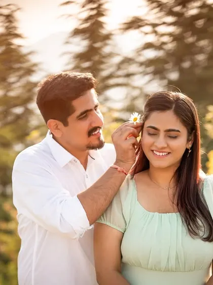 A beautiful close-up of a tender moment, with her eyes closed in happiness as he places a flower in her hair. The soft focus and warm light are perfect for romance.