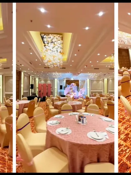 The Tangerine Grand banquet hall at the Lemontree Hotel, Bhopal, set up for a grand opening event. The space features magnificent crystal chandeliers and a flexible layout to accommodate large-scale celebrations.
