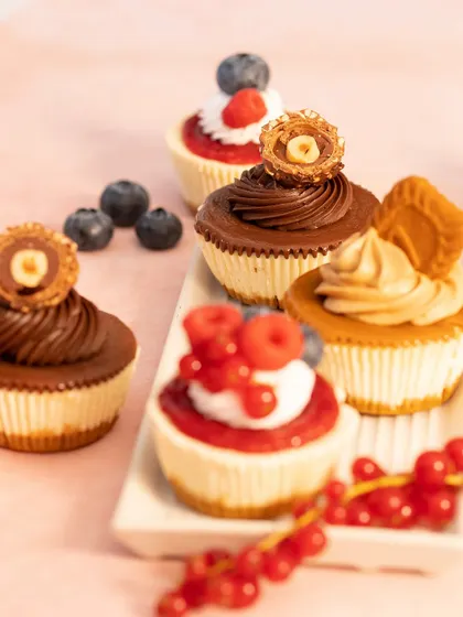 A beautiful lineup of my baby cheesecakes, curated for a Rakhi celebration. You can see the Nutella Rocher, Biscoff, and Mixed Berry Cheesecake options.