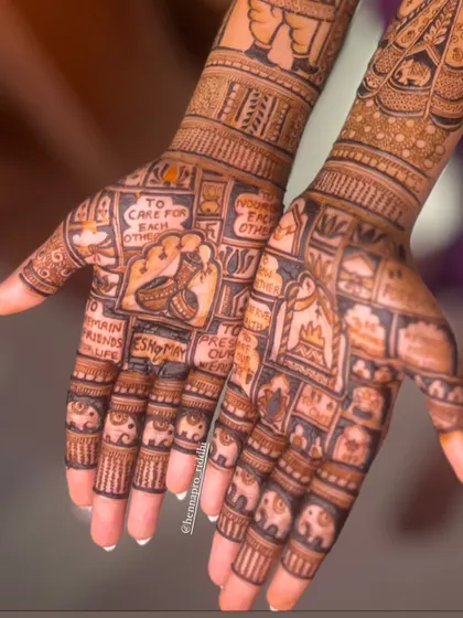 This unique design is built around the couple's promises to each other. Each block contains a special vow or memory, making their henna a beautiful testament to their relationship.