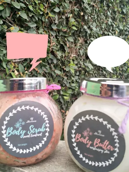 My Body Scrub and Body Butter duo. They are the perfect pair for exfoliating and moisturizing your skin, leaving it smooth and hydrated.