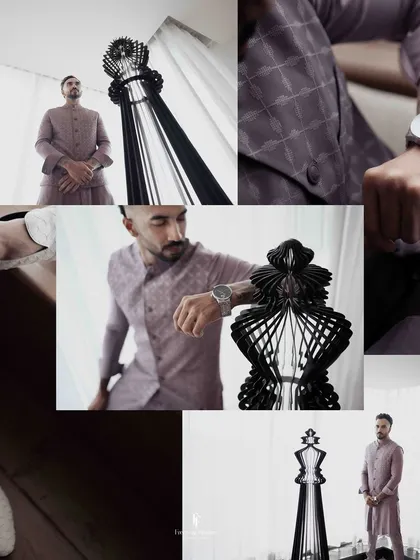 A multi-panel collage capturing the groom's preparation for the engagement, showing details of his attire and his thoughtful expressions.