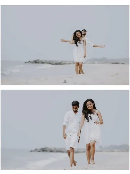 A collage of a couple in white, walking and interacting playfully on a serene beach.