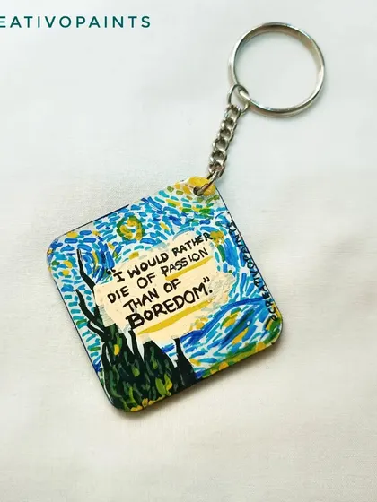 Inspired by Van Gogh's "The Starry Night," this keychain features one of my favorite quotes: "I would rather die of passion than of boredom." It’s a little reminder to follow your heart, which is exactly what I do with my art.